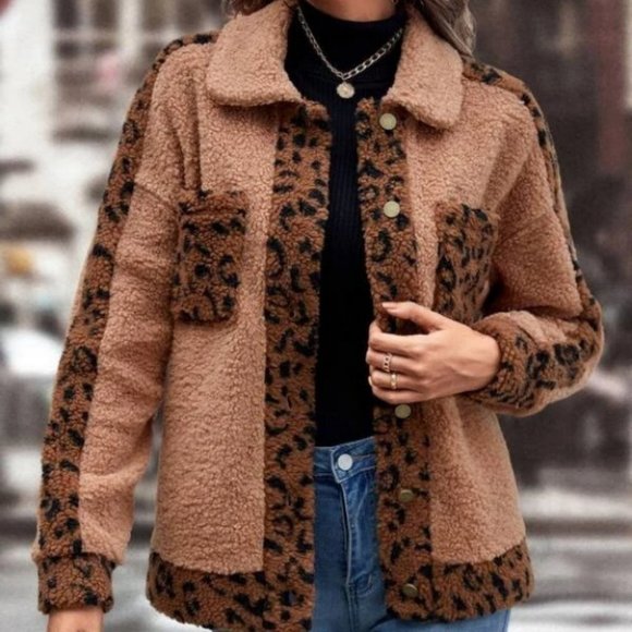faux fur shearling Teddy Jacket Coat overcoat Leopard Printed - Picture 4 of 5